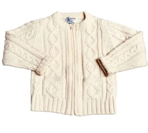 Cardigan maglione vintage Clansman bambino 100% lana panna zip maglia taglia 26 (US 6/7) - Foto 1 di 6