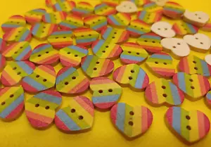 Rainbow Heart shaped crafting buttons wooden Pack of  6 - Picture 1 of 1