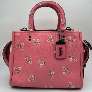 Auth Coach 1941 Rogue 25 w/ Floral Bow Print Bright Pink Leather 26836 ‘Good Con - Picture 1 of 14