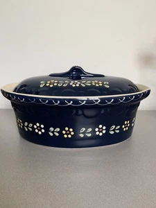 Baeckeoffe Cobalt Blue Ceramic Tureen Casserole Dish Floral Oval Lid Vintage 14” - Picture 1 of 13