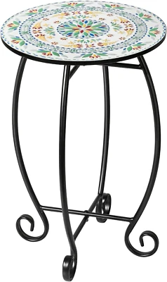 Side Table, 14" round End Table, Unique Relief Ceramic Tile Tabletop with Metal - Image 1 of 4