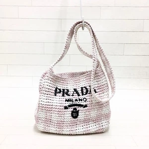 Seltene PRADA Raffia kleine gehäkelte Schultertasche rosa x weiß gebraucht 110103 - Bild 1 von 9
