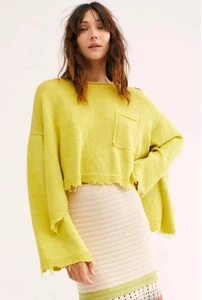 Free People Prism Oversized Linen Blend Knit Sweater Pullover In Lemon Zest Sz M - Picture 1 of 10