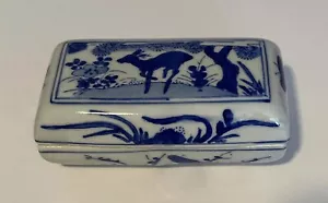 Chinesische blau und weiße Betelnuss Box mit Hirsch auf der Oberseite 5" x 2,5" - Bild 1 von 10