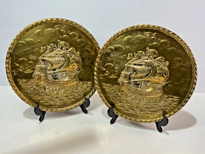 Brass Wall Plates Pair Boat 10" Gallons Pirate Ships Vintage Decor Wall Hanging - Image 1 of 4