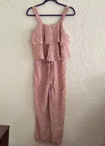 Sonia Rykiel Enfant Silk Pink Yellow Floral Jumpsuit Ruffle Crystal Logo 14 Girl - Picture 1 of 10