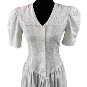 Vintage 80s Short Sleeve Midi Dress Off White Approx Size 4 Floral Lace