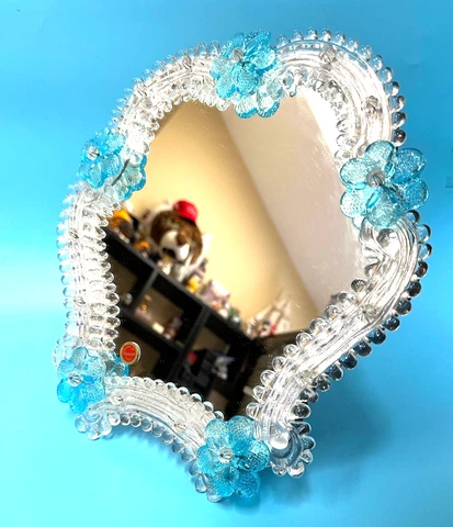 Murano Art Glass Floral Blue Clear Vanity Mirror Venetian Italy l2” Easel Style Cover