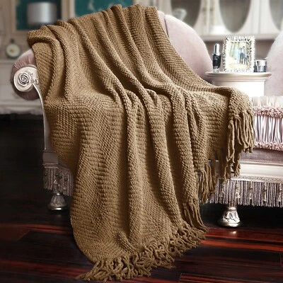 Boho Knitted Throw Blanket – Tweed Texture, Tassels, Lightweight Couch Bed Decor - Image 1 of 4