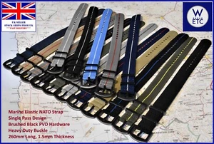BLACK PVD 1.5mm Marine Nationale Elastic NATO Military Watch Strap, 20mm 22mm - Picture 1 of 20