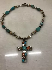 Sterling Silver Cross Pendant Turquoise Multi Stone Necklace Large - Picture 1 of 8