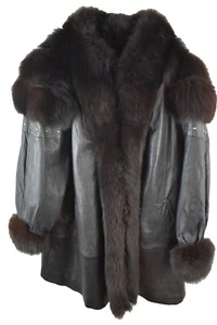 ENRICO ZUELLI Black Leather Fur Trim Jacket Chest size 52" Womens Vintage Casual - Picture 1 of 7
