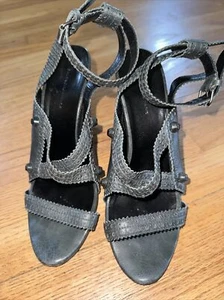 BALENCIAGA PARIS STUDDED GREY LEATHER ANKLE STRAP OPEN TOE  WEDGE SZ 41 PRE-OWN - Picture 1 of 17