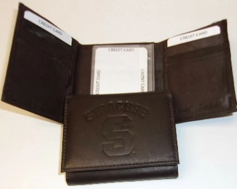 Syracuse Orange Brown Leather Trifold Wallet Embossed name.   #397 Cover