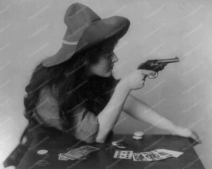 Cowgirl Pointing Gun At Card Table 8x10 Reprint Of Old Photo - Picture 1 of 1