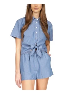 MICHAEL MICHAEL KORS Womens Blue Tie Front Round Step Hem Button Up Top L - Picture 1 of 11