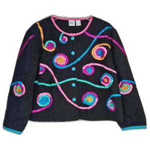 Vintage Bleu Bayou schwarz strukturiert bunt Artsy Swirl bestickt gefüttert Jacke - Bild 1 von 12