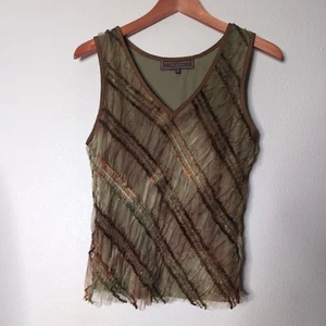 Double D Ranch Tank Top M Olive Sheer Mesh Boho Western Festival Layering Earthy - Picture 1 of 9