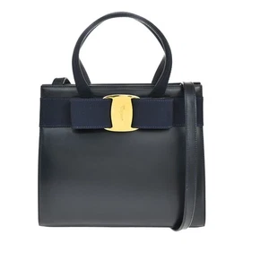 SALVATORE FERRAGAMO Logo Vara 2Way Hand Bag Canvas Leather Navy Blue GHW 38AA041 - Picture 1 of 19