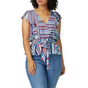 Parker XS Huntington Blouse Peplum Blue Stripes Faux Wrap Ruffled Flutter Sleeve - Picture 1 of 11
