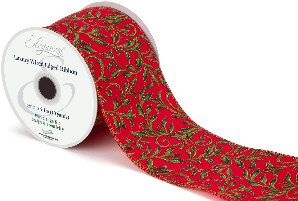 1m, 3m or 9m ~ 63mm Wired Edge Luxury Velvet Shimmer Leaves, Christmas Ribbon - Image 1 of 1