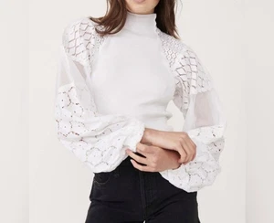 Top Free People Love Too Much Blanco Encaje Cuello Simulado Globo Manga Encaje Pequeño - Imagen 1 de 10