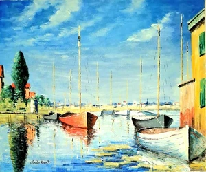 Reproducción pintada a mano de 20"x 24" de "Barcos rojos en Argenteuil" de Monet. - Imagen 1 de 1