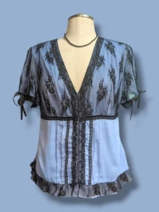 Whimsical Goth Blue Satin & Black Lace Hook And Eye Closure By Pyramid Collect - Picture 1 of 7