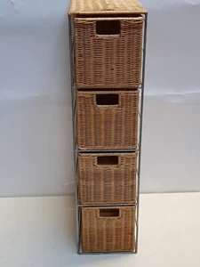 4 Chest Wicker Baskets with Grey Metal Stand – Vintage Wicker Drawer Tower - Picture 1 of 9