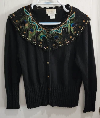 Cárdigan suéter plumas de pavo real Just B manga 3/4 botones delanteros talla M Foto 1 de 4