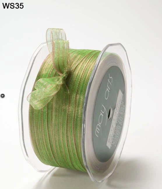3/8" Sheer Iridescent Pinstripe Ribbon - May Arts - WS35 - Pink/Green -100 yds - Image 1 of 1