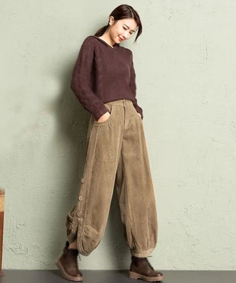 Nuevo Mujer Pana Informal Suelto Pierna Ancha Cintura Alta Cálido Pantalones Sueltos Pantalones Foto 1 de 4