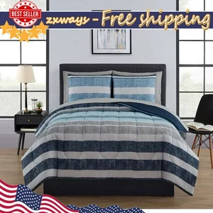 King Size Blue Stripe Reversible 7-Piece Bed in a Bag Comforter Set w/ Sheets US - Picture 1 of 6