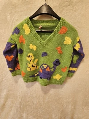 Suéter Dinosaurio Vintage Infantil Talla 7-8 Hecho a Mano por Linda Lee Colorido Foto 1 de 4