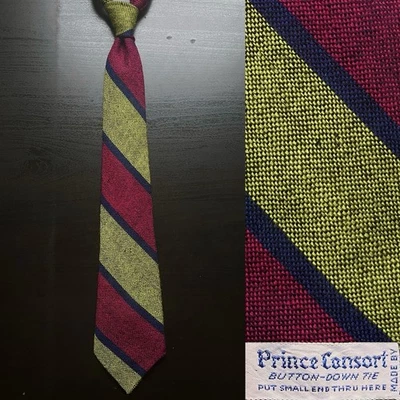 Corbata de lana a rayas Prince Consort rosa limón azul marino usada en excelente estado de colección Trad Ivy años 60 años 70 Foto 1 de 4