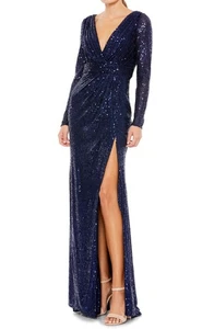 Vestido Mac Duggal 26490 Lentejuelas Manga Larga Imitación Envolvente Talla 14 Medianoche $398 - Imagen 1 de 2
