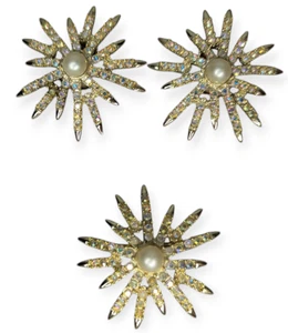 Vintage EMMONS Signed Gold Tone & Rhinestone Star Burst Earrings & Brooch Set - Picture 1 of 10