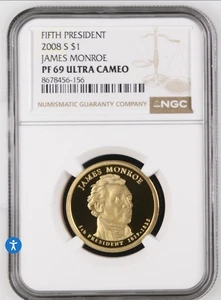 FIFTH PRESIDENT JAMES MONROE 2008 S DOLLAR NGC PF 69 ULTRA CAMEO - Picture 1 of 2