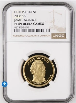 FIFTH PRESIDENT JAMES MONROE 2008 S DOLLAR NGC PF 69 ULTRA CAMEO - Image 1 of 2