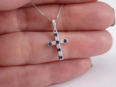 2.20Ct Round Cut Lab Created Blue Sapphire Cross Pendant 14K White Gold Plated - Image 1 of 4