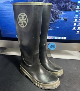 TORY BURCH Womens Size 7 Black Logo Tall Calf Rain Boots M - Picture 1 of 7