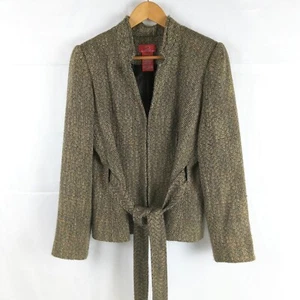 Oscar de la Renta Tweed Belted Blazer Women Size 10 Brown Hook Eye Closure Lined - Picture 1 of 11