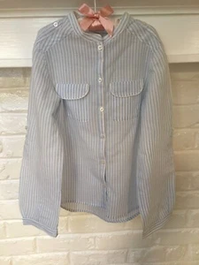 Zara Girls Button-up Blouse Blue & White Stripe Mandarin Collar Tab Sleeves S7/8 - Picture 1 of 6