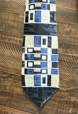 Gravata Palatina 100% importada de seda feita nos EUA ouro azul preto amarelo geométrico - Imagem 1 de 3