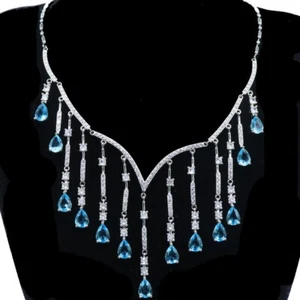 SheCrown 26,5 g wunderschöne blaue Aquamarin CZ Damen Hochzeit Silber Halskette 18-19 Zoll - Bild 1 von 2