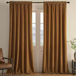 Camel Brown Velvet Curtains 84 Inch Length 2 Panels, Luxury Blackout Rod Pocket - Picture 1 of 8