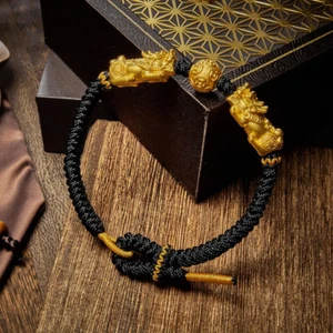 Real Pure 999 24K Yellow Gold Wealth Dragon Pixiu Coin Beads Bracelet 2.4-2.5g - Picture 1 of 4