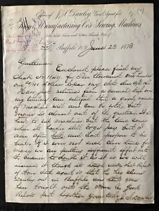 1873 SINGER NÄHMASCHINEN W J.S. Dawley Signature Briefpapier Buffalo New York - Bild 1 von 7