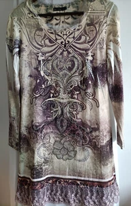 Damen T-shirt Kleid Beige Braun mit Spitzen-Borte und Strass-Deko; Gr. M - Bild 1 von 5