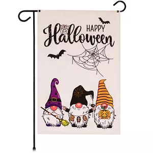 G128 Garden Flag Happy Halloween Three Gnomes Spider Web 12"x18" Burlap Fabric - Picture 1 of 9